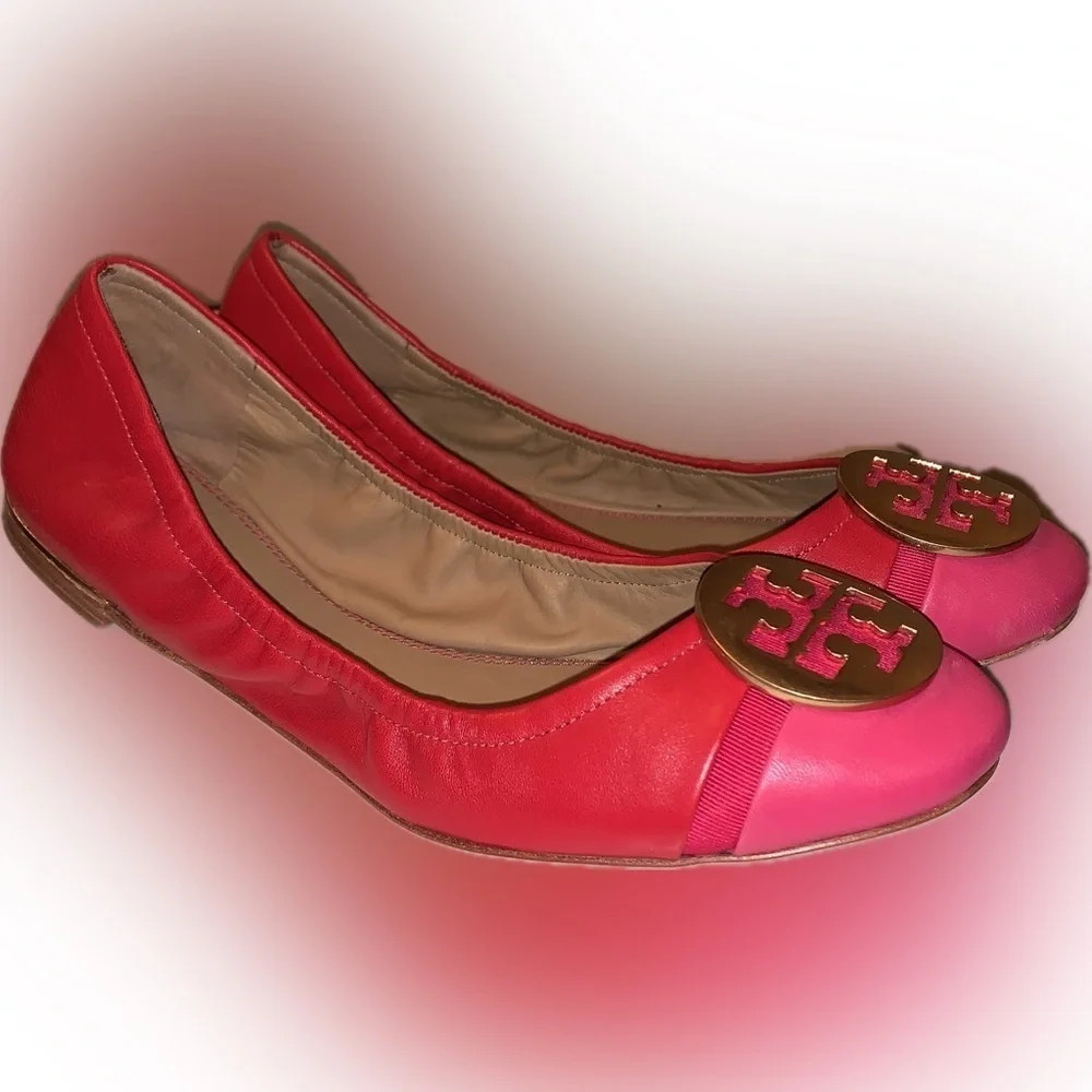 Tory Burch Minnie Toe Cap Red Azalea Pink Napa Leather Ballet Flats Gold Logo 6M